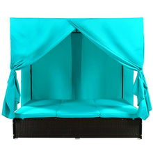 77.2" L Outdoor Patio Wicker Sunbed with Cushions and Curtains, Outdoor Double Padded Daybed with Adjustable Seats, Rattan Conversation Seating Group for Lawn, Poolside, Deck, Blue