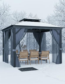 GarveeLife Hardtop Gazebo 10 ft x10 ft for All Weather, with Double Metal Roof, Aluminum Alloy Frame, Net, and Curtain, Permanent Building for Patio, Deck, Backyard, Lawn, and Garden