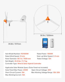 VEVOR 1000W 12V Wind Turbine Generator, 3-Blade Wind Turbine Kit with Wind/Solar Hybrid Controller, Efficient 3-Phase AC Permanent Wind Power Generator for RV Boat Home Farm (Tower Pole Not Include)