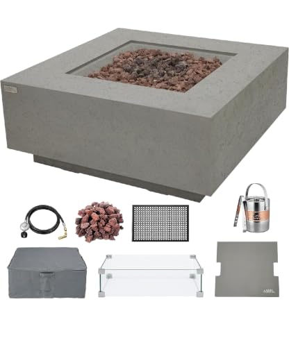 AMS 40" Square Concrete GFRC Natural Gas Fire Pit Table Bundle - Light Gray
