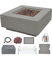 AMS 40" Square Concrete GFRC Natural Gas Fire Pit Table Bundle - Light Gray