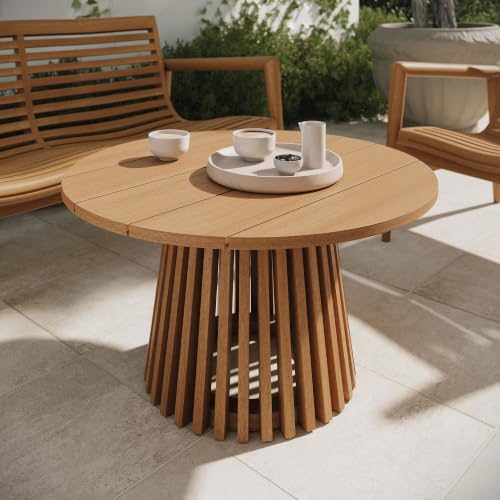 Modway Lane 31 Inch Teak Wood Outdoor Round Coffee Table in Natural – Slatted Patio Table with Pedestal Base for Patio, Balcony, Deck, Backyard, Terrace Or Sunroom
