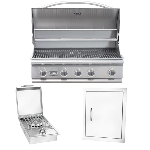 Bullet by Bull Stainless Steel Outdoor Kitchen Set - Built-In Liquid Propane Grill, Perfect for Entertaining -BBQ Kitchen Isl& Bundle - Includes 5 Burner Grill, Single Access Door & Side Burner