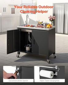 VEVOR Outdoor Grill Cart with Sink and Storage Cabinet, 38 Inch Grill Table, Waterproof Kitchen Island with Stainless Steel Top, Spice Rack, Wheel, Movable Food Prep Station for Patio Bar Backyard BBQ