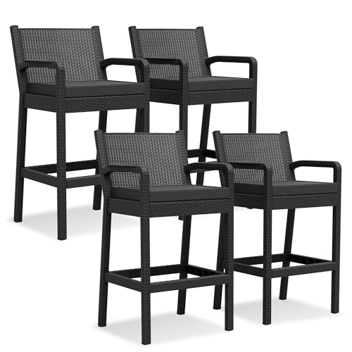 Reljofum Outdoor Bar Stools Set of 4, 30" Patio Barstools Furniture Chairs with Cushions, Wicker Bar Chair for Backyard, Garden, Pool, Balcony and Deck, Black 4 Pack