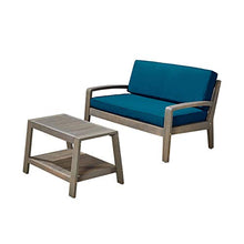 Great Deal Furniture Acacia Wood Loveseat and Coffee Table Set for Patio Gray Finish with Teal Cushions