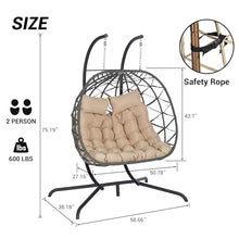 KEIKI Double Swing Egg Chair with Stand, Patio Rattan Wicker Hammock Egg Chair with UV Cushion, 2 Person Outdoor Indoor Hanging Basket Chair, 600LBS Capacity for Balcony, Khaki and Gray