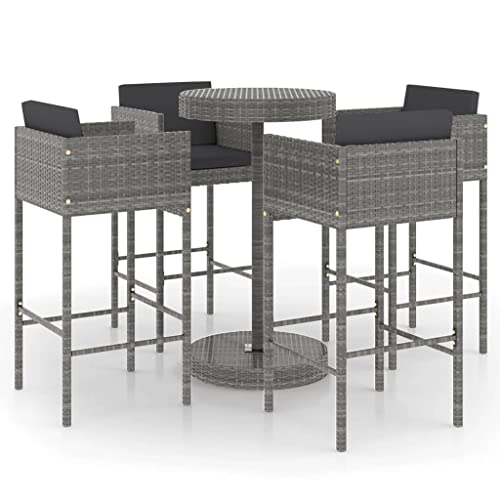 Coespram 5 Piece Patio Bar Set with Cushions Poly Rattan Gray