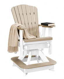 DutchCrafters Slat Fan Back Poly Balcony Adirondack Swivel Glider with Footrest Outdoor Patio Chair (White & Weatherwood)
