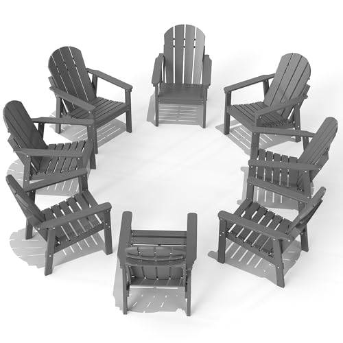 FOLAWO Adirondack Chair Set of 8, HDPE Outdoor Fire Pit Chairs, Grey