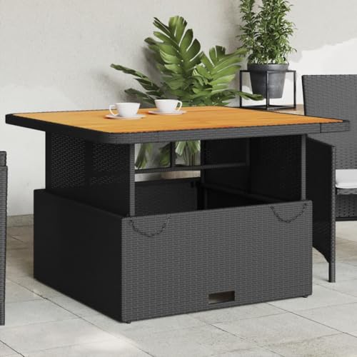 LKJVFCPW Adjustable PE Rattan Garden Table, Square Outdoor Dining Coffee Table with Solid Acacia Wood Top, Weather-Resistant Patio Furniture for Backyard, Balcony, 4 Person Seating