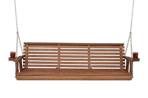 Amish Casual Heavy Duty 700 Lb Capacity Porch Swing with Cupholders (6 Foot, Oak Stain) – Wooden Outdoor Roll Back Swing with Hanging Chains – Amish Made in the USA