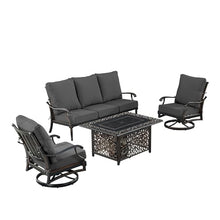 Oakland Living Black Aluminum Patio Fire Table Set with Deep Seating Sofa with Cushion and Two Club Chairs with Black Cushions