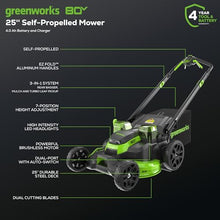Greenworks 80V 25in Self-Propelled Lawn Mower, 4.0 Ah Battery and Charger