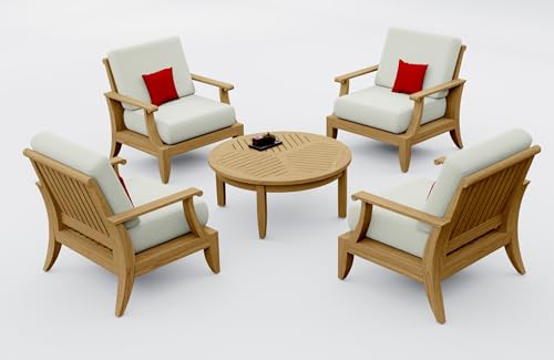 TeakStation 5 Pc Teak Wood Lounge Chair Set: 4 Lounge Chairs & Round Coffee Table with Cushions in Outdoor Sunbrella Fabric #5404 Canvas Natural