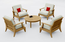 TeakStation 5 Pc Teak Wood Lounge Chair Set: 4 Lounge Chairs & Round Coffee Table with Cushions in Outdoor Sunbrella Fabric #5404 Canvas Natural