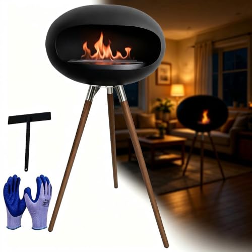 Minimalist Wooden Leg Tripod Fireplace, Smoke-Free and dust-Free,Black