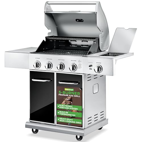 Heavy-Duty 5-Burner Propane Gas Grill - Stainless Steel Grill, 4 Main Burner with 1 side burner, 52,000 BTU Grilling Capacity, Electronic Ignition System, Built-in Thermometer - NutriChef NCGRIL2