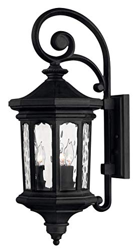 Hinkley Raley Large Wall Mount Outdoor Lantern, Aluminum, Clear Water Glass Shade, Estate Series, Museum Black Finish