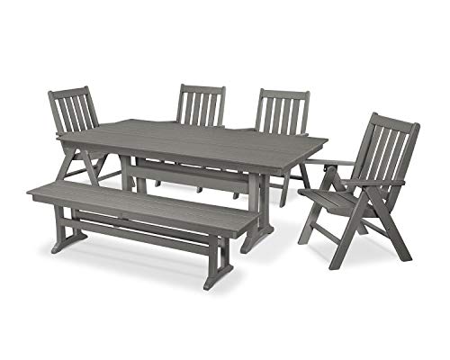 Polywood Vineyard 6-Piece Farmhouse Folding Dining Set with Bench (Slate Grey)