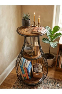 SODEF 3-Tier Wood and Metal Plant Stand, 33 in Height, Round Tiered Shelves, Rustic Farmhouse Decor, Black Distressed Finish, Indoor/Outdoor Use