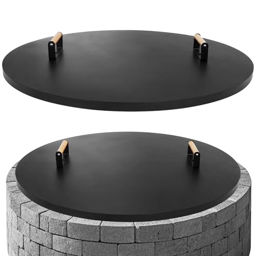 G GOOD GAIN Firepit Lid Round 34 Inch - Rust Resistant Fire Pit Lid Cover with Wooden Handle & Gloves, Fire Pit Snuffer Lid for Courtyards, Patio, Winter Cold Protection. Fits Fire Pits Up to 32"