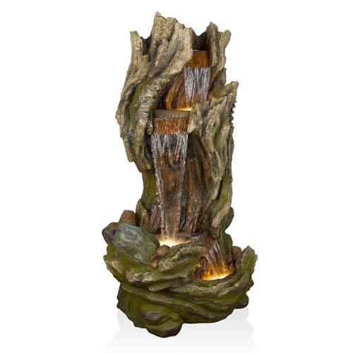 Alpine Corporation WIN1642 61" 3-Tier Log Water Fountain with Warm White LED Lights, Cascading Waterfall for Garden, Patio, & Lawn, Outdoor Water Feature