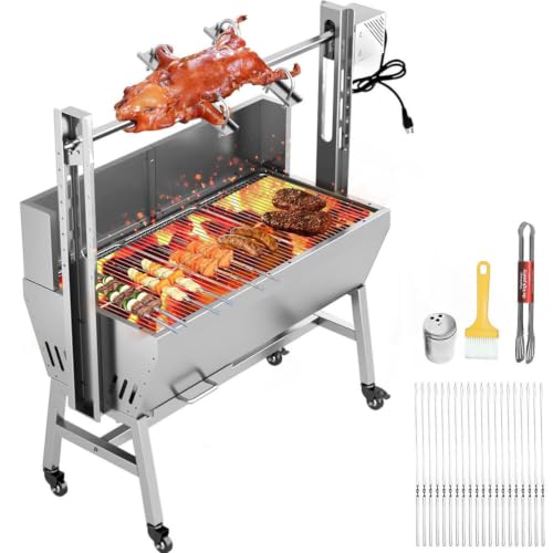 LMAOSS Rotisserie Grill, 51 Inch Stainless Steel Charcoal Spit Roaster with Electric Motor, Outdoor Barbecue Grill with Lockable Casters, Heavy Duty BBQ Grill for Whole Chicken Turkey Pig Lamb