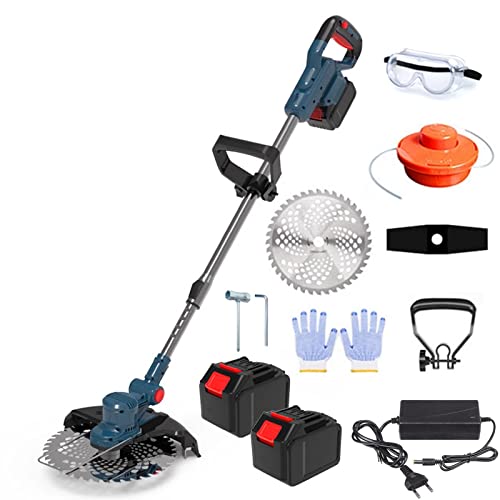 RWGOVLU Brushless Cordless String Trimmer Kit, Electric Weed Eater Battery Powered, 21V Weed with 2 Li-Ion Battery, 2 in 1 Brush Cutter with 8"" Blade, Edger Lawn Tool for Yard Garden Sidewalks,A