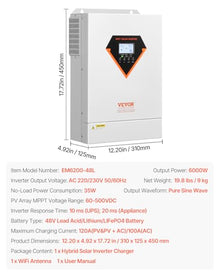 VEVOR Hybrid Solar Inverter, 6000W, All in One Pure Sine Wave Power Inverter Charger, 48V DC to Single-Phase 220/230V AC, with 120A MPPT Solar Controller, for Off-Grid System Lead Acid Lithium Battery