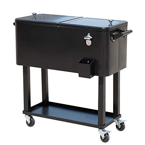 Kaimei 80 Quart Rolling Cooler Cart on Wheels, Outdoor Stand Up Ice Chest with Bottle Opener, Drain Plug, Black