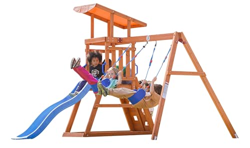 DOLPHIN PLAYGROUND T Wooden Swing Set with Slide and Sandbox for Ages 2-6