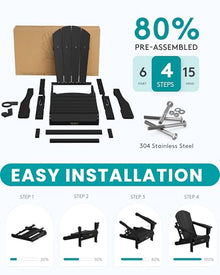 SERWALL Folding Adirondack Chair Set of 4, Fire Pit with Cup Holder -Black