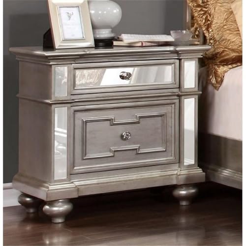 BOWERY HILL Contemporary 2-Drawer Wood Nightstand with Mirrored Accents Silver