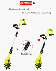 TREEYX 20v Portable Rotavator,Cordless Electric Garden Tiller,Cordless Telescoping Power Cultivator with Rechargeable Battery and Charger