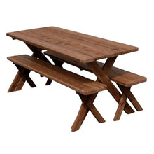 Keystone Amish Co. 8’ Red Cedar Crossleg Table with 2 Benches, Mushroom Stain