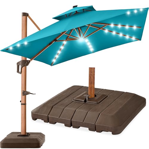 Best Choice Products 10ft Square Cantilever Patio Umbrella w/Base Included, Woodgrain Pattern Pole & Solar LED Lights, 360-Rotation, Offset Hanging Outdoor Shade - Cerulean