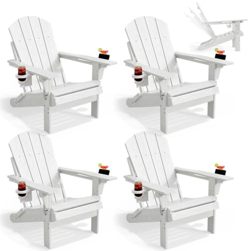 PLUUV Adjustable Folding Adirondack Chairs Set of 4 with Cup Holders, White