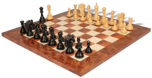 The Chess Store Bucephalus Staunton Chess Set Ebony & Boxwood with Elm Burl & Erable Board 4.5" King