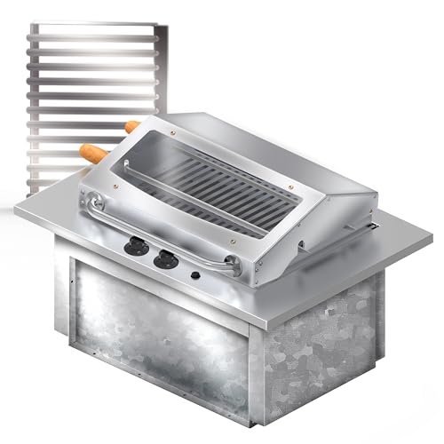 SARO Built-In Electric Grill, Black and Stainless Steel, 70x48x30cm, Smokeless BBQ with Glass Visor, Automatic Ignition, Laser Cut Finish, for Outdoor Grilling