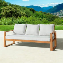 Grafton Eucalyptus 3-Seat Outdoor Bench - Weather-Resistant Gray Cushions, Durable Termite-Resistant Wood, Ideal for Patio & Garden, 74.5 in. W x 31.5 in. D x 33.5 in. H