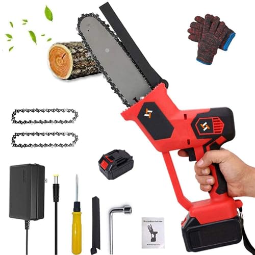 Mini Chainsaw, 8 Inch Cordless Portable Electric Chainsaw, Rechargeable Battery Operated One-Hand Portable Garden Saw for Tree Branch Wood Cutting(Red,2 batteries)