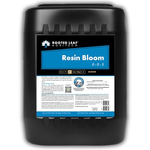 Rooted Leaf Agritech Resin Bloom - Carbon and Potassium Based Flower Finisher Fertilizer for Flowering Plants 100% Nitrate Free with Ginkgo & Jasmine - 5 Gallon