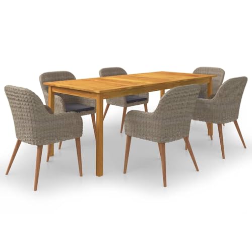 Heofavd 7 Piece Outdoor Dining Set BrownSolid Acacia Wood Rectangular Table 78.7 x 35.4 in with 6 Chairs Cushioned Seat Patio Furniture Set for Garden Patio Balcony