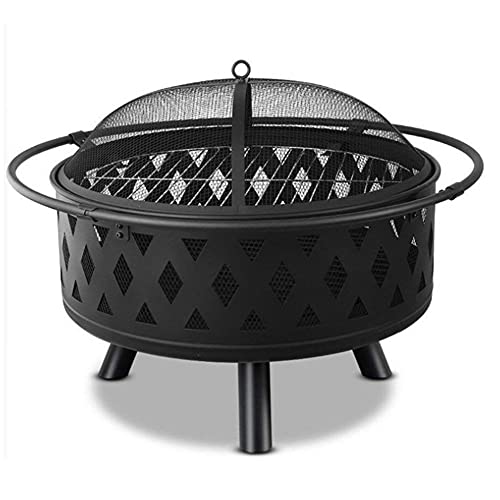 Fire Pits & Bowls, Outdoor Wood Burning Fire Pit, Portable Firepit w/Screen Cover & Grill Grate, BBQ Heating Basin for Garage Backyard Restaurant Garden