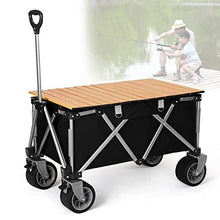 Heavy Duty Beach Wagon, Utility Outdoor Camping Garden Cart, Compact Handcart Portable Shopping Carts Wheelbarrow with Brake Garden Wagon Cart for Equipment Tailgating Beach Trip (black+original wood)