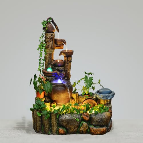 Rustic Rock Water Fountain with LED Lights and Planter Accents – Indoor/Outdoor Cascading Waterfall Feature for Home or Garden Decor(2089)