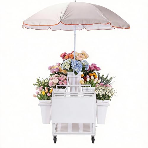 Outdoor Flower Plant Display Cart with Canopy, 3‑Tier Rolling Flower Stand with 18 Buckets, Mobile Market Flower Rack with Folding Worktable & Locking Wheels – Heavy Duty Metal Plant Shelf for Patio, Lawn, Street Stall
