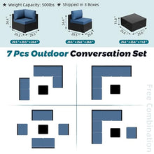SUNLEI 7pcs Patio Conversation Sets Outdoor Furniture Sets, High Back All-Weather Rattan Sectional Sofa with Tea Table&Washable Couch Cushions(Black Rattan)(Aegean Blue)