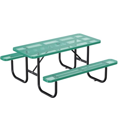 esheno 6FT Rectangular Outdoor Picnic Table with Attached Benches, Heavy-Duty Expanded Metal Mesh Patio Table, Commercial-Grade Outdoor Seating for Park, Backyard, Deck, Lawn, Green